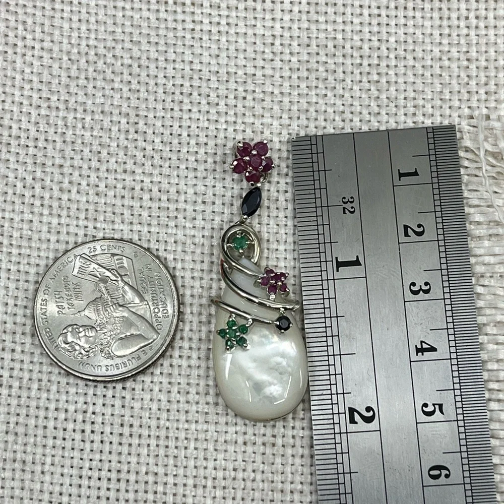 Vintage Sterling Silver Mother of Pearl & Gemstone Pendant